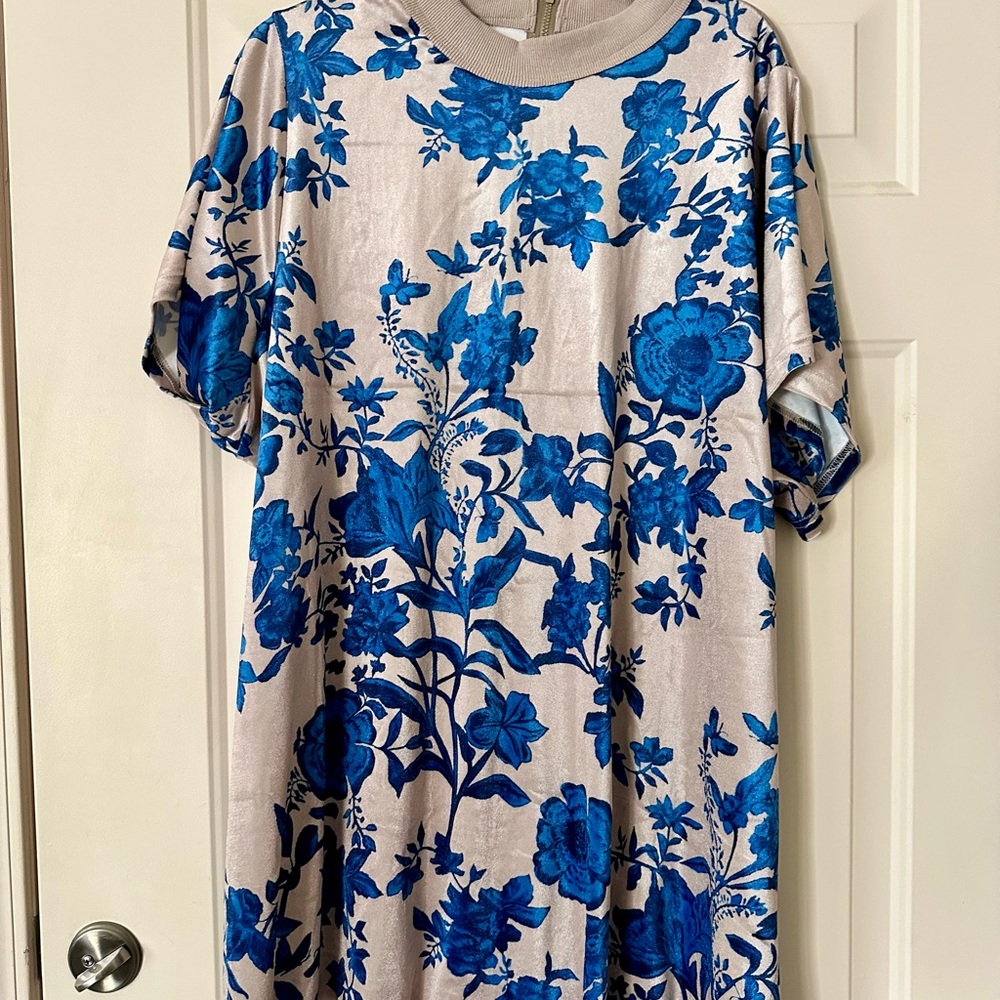 Floral Blue Baby Doll Mini Dress Stretchy Ruffled Hem
